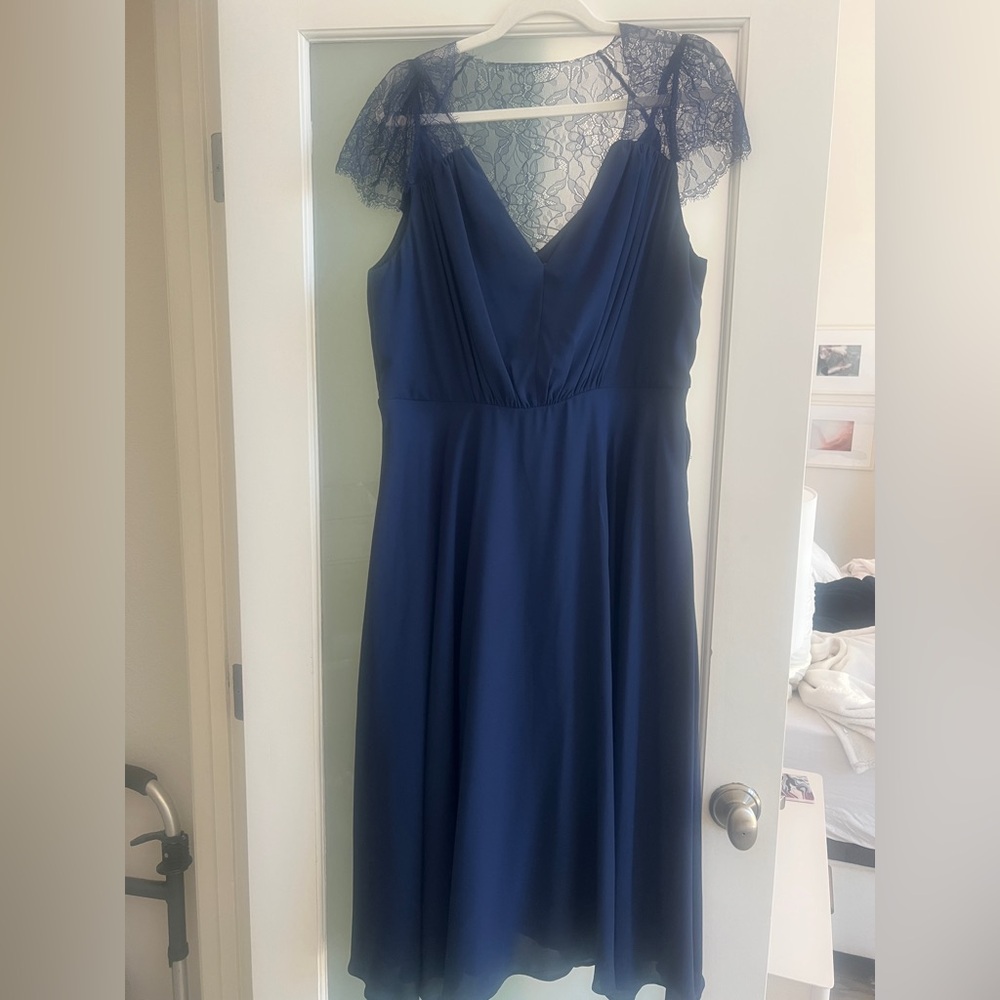 ASOS Navy Lace-Sleeve V-Neck Midi Dress
